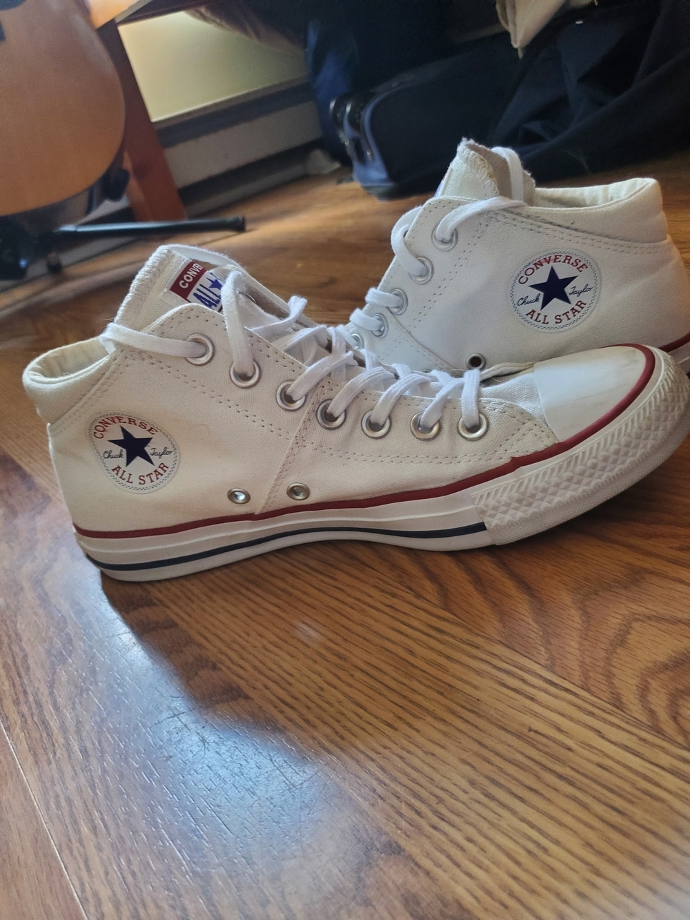 Converse White High Top Sneakers with Red & Navy Accents